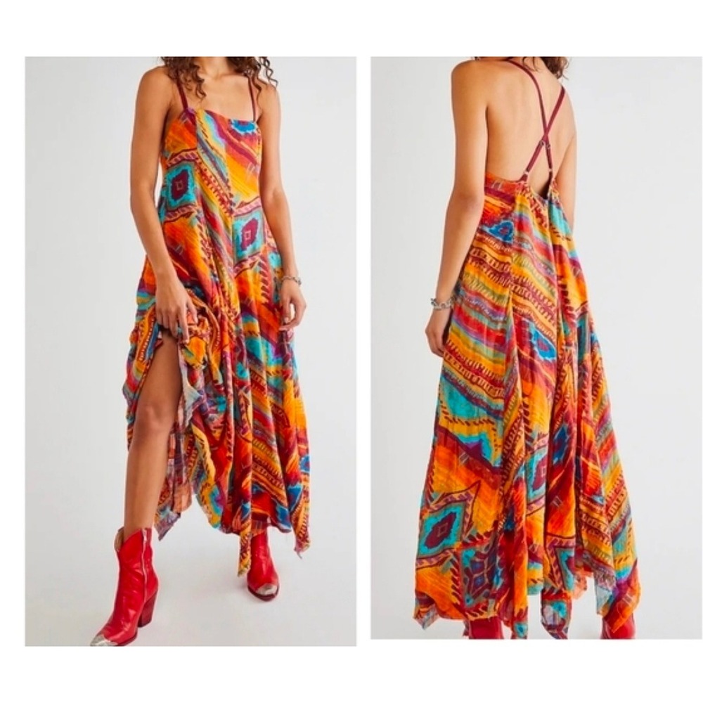 Free People Sahara Desert Maxi Western Cowgirl Boho Handkerchief Hem Retro Indie - Picture 1 of 7